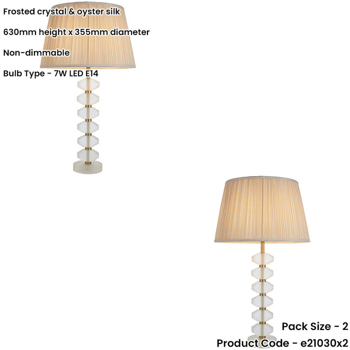 2 PACK Frosted Crystal Table Lamp - Oyster Silk Shade - 630mm Tall Light - 7W LED E14