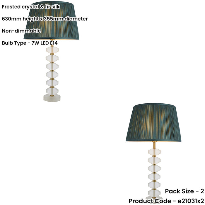 2 PACK Frosted Crystal Table Lamp - Fir Silk Shade - 630mm Tall Light - 7W LED E14