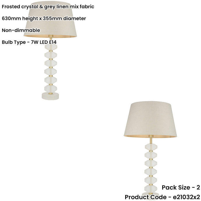 2 PACK Frosted Crystal Table Lamp - Grey Linen Mix Fabric Shade - 630mm Tall Light - 7W LED E14