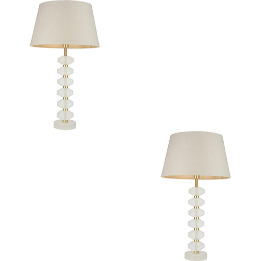 2 PACK Frosted Crystal Table Lamp - Grey Linen Mix Fabric Shade - 630mm Tall Light - 7W LED E14