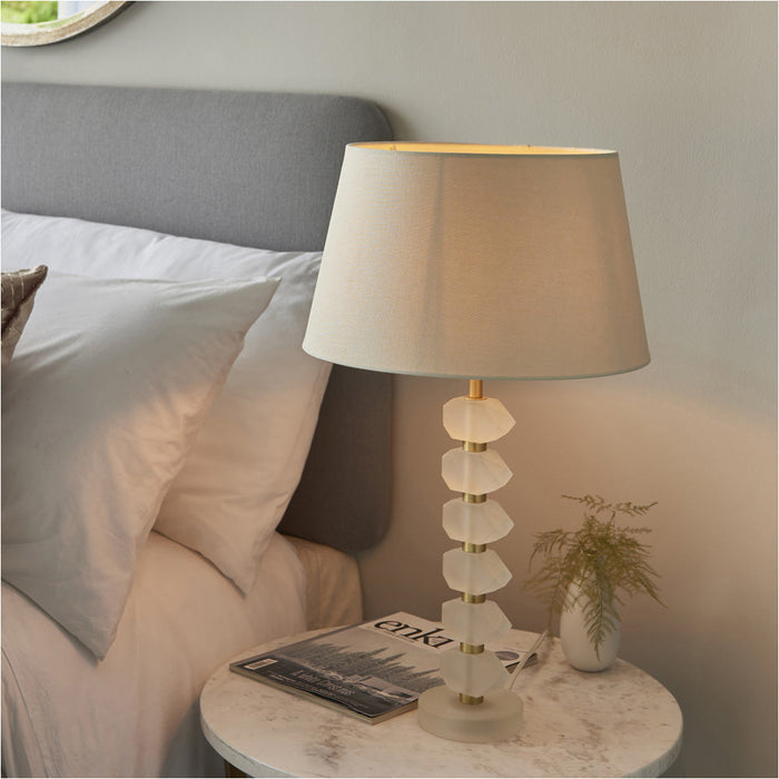 Frosted Crystal Table Lamp - Ivory Linen Mix Fabric Shade - 630mm Tall Light - 7W LED E14