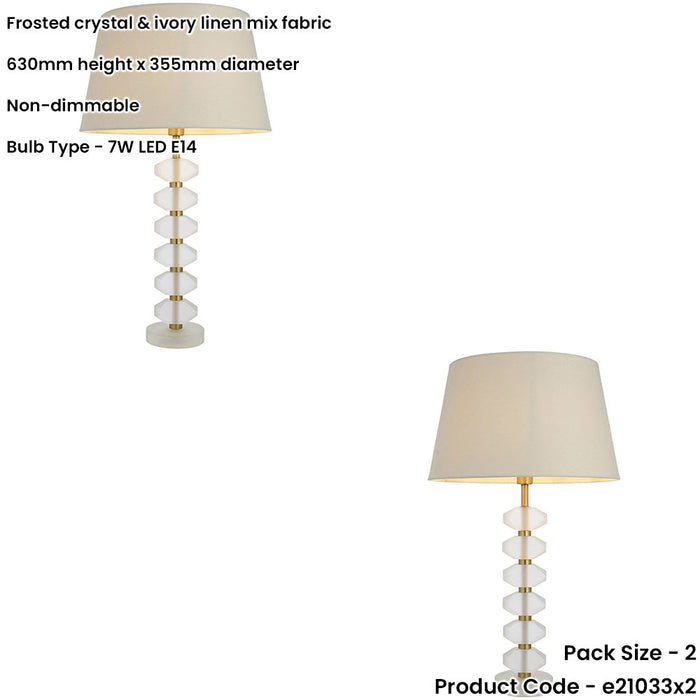 2 PACK Frosted Crystal Table Lamp - Ivory Linen Mix Fabric Shade - 630mm Tall Light - 7W LED E14