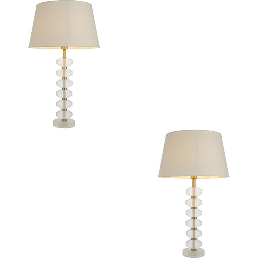 2 PACK Frosted Crystal Table Lamp - Ivory Linen Mix Fabric Shade - 630mm Tall Light - 7W LED E14