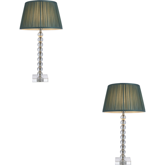 2 PACK Clear Crystal Glass & Bright Nickel Plate Table Lamp - Fir Silk Shade - 575mm Tall Light - 7W LED E14