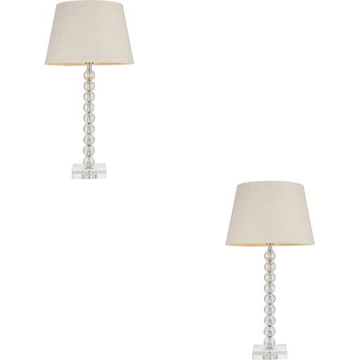 2 PACK Clear Crystal Glass & Bright Nickel Plate Table Lamp - Grey Fabric Shade - 590mm Tall Light - 7W LED E14