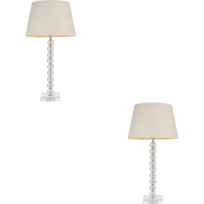 2 PACK Clear Crystal Glass & Bright Nickel Plate Table Lamp - Grey Fabric Shade - 590mm Tall Light - 7W LED E14