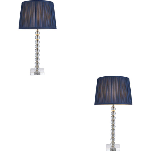 2 PACK Clear Crystal Glass & Bright Nickel Plate Table Lamp - Midnight Blue Silk Shade - 595mm Tall Light - 7W LED E14