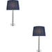 2 PACK Clear Crystal Glass & Bright Nickel Plate Table Lamp - Midnight Blue Silk Shade - 595mm Tall Light - 7W LED E14