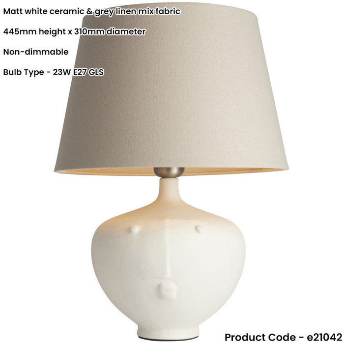 Matt White Ceramic Table Lamp - Grey Linen Mix Fabric Shade - 445mm Tall Light - 23W E27 Gls