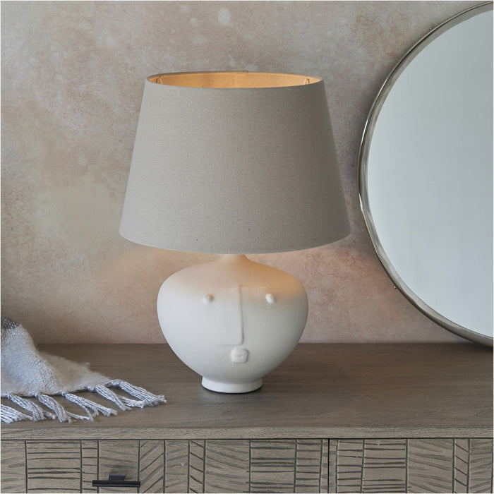 Matt White Ceramic Table Lamp - Grey Linen Mix Fabric Shade - 445mm Tall Light - 23W E27 Gls