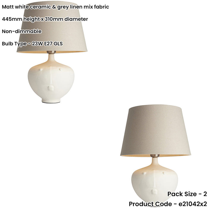 2 PACK Matt White Ceramic Table Lamp - Grey Linen Mix Fabric Shade - 445mm Tall Light - 23W E27 Gls