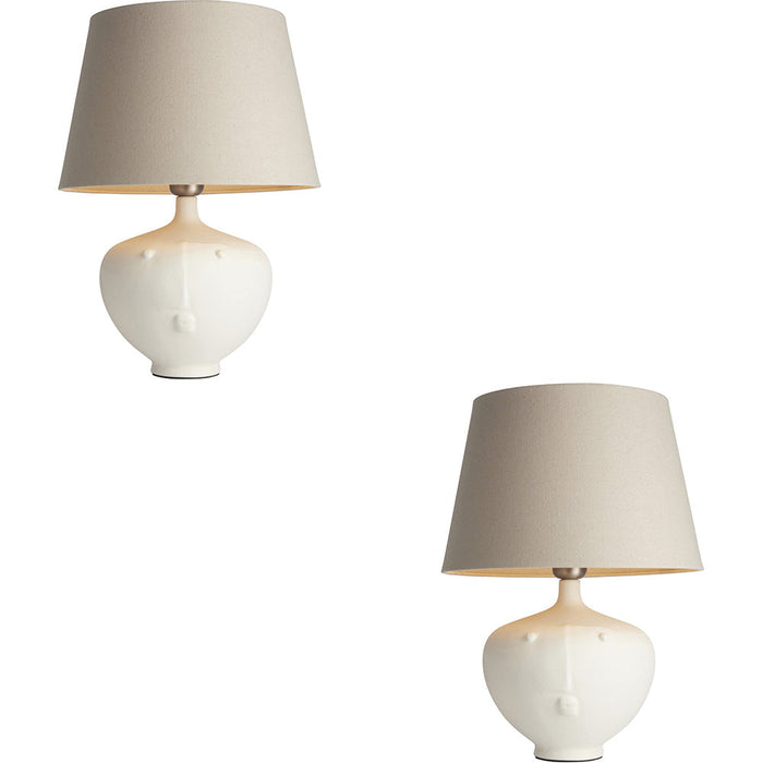 2 PACK Matt White Ceramic Table Lamp - Grey Linen Mix Fabric Shade - 445mm Tall Light - 23W E27 Gls