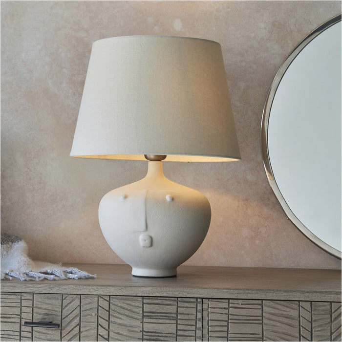 Matt White Ceramic Table Lamp - Ivory Linen Mix Fabric Shade - 445mm Tall Light - 23W E27 Gls