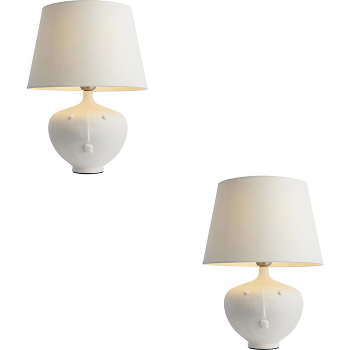 2 PACK Matt White Ceramic Table Lamp - Ivory Linen Mix Fabric Shade - 445mm Tall Light - 23W E27 Gls