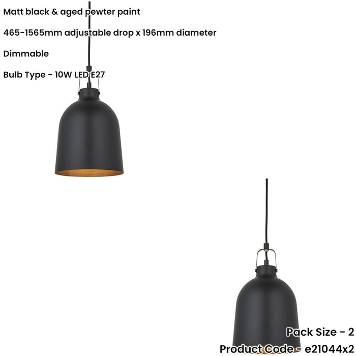 2 PACK Hanging Ceiling Pendant Light - Matt Black & Aged Pewter Paint - 10W LED E27