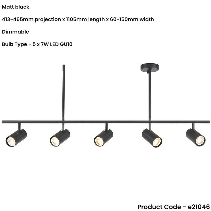 Matt black Ceiling Spot Light - 5 x 7W LED GU10 Bar - Dimmable Impressive modern design