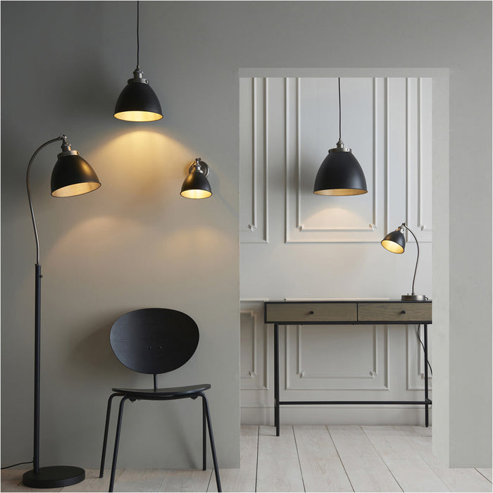 Indoor Aged Pewter Plate Task Wall Light - Matt Black Paint Shade - Dimmable