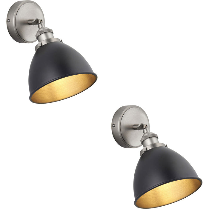 2 PACK Indoor Aged Pewter Plate Task Wall Light - Matt Black Paint Shade - Dimmable