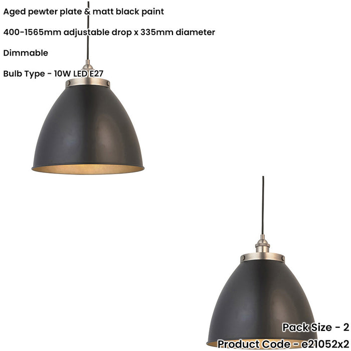 2 PACK Hanging Ceiling Pendant Light - Large - Aged Pewter Plate & Matt Black Paint - 10W LED E27