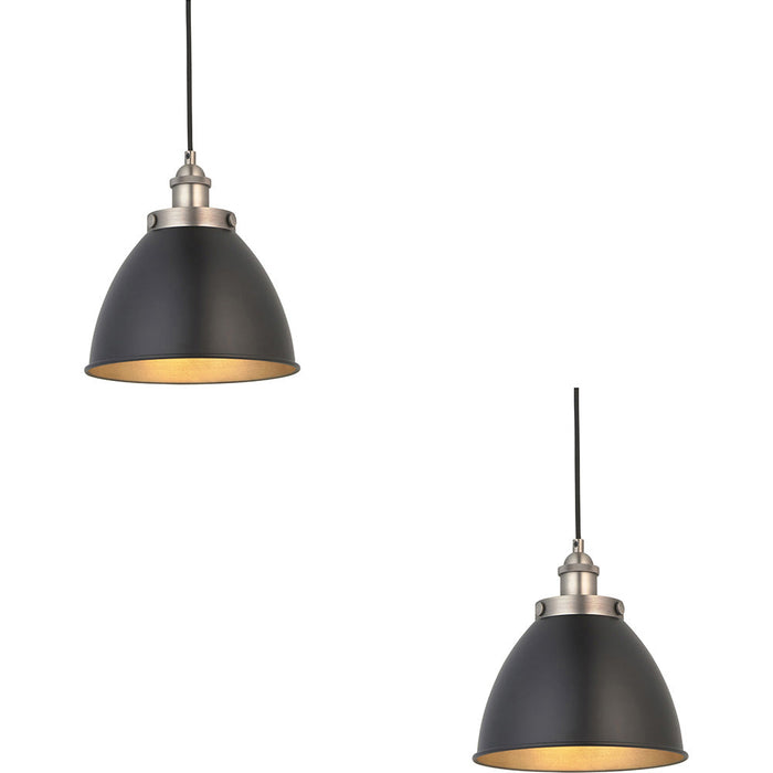 2 PACK Hanging Ceiling Pendant Light - Small - Aged Pewter Plate & Matt Black Paint - 10W LED E27