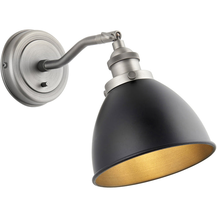 Indoor Aged Pewter Plate Adjustable Wall Light - Matt Black Paint Shade - Dimmable 7W LED E14