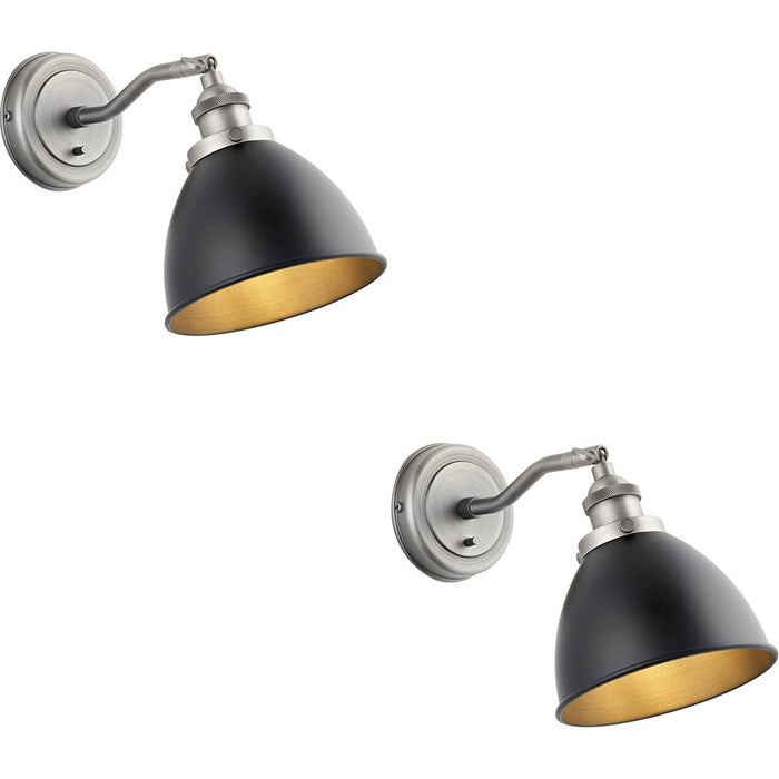 2 PACK Indoor Aged Pewter Plate Adjustable Wall Light - Matt Black Paint Shade - Dimmable 7W LED E14