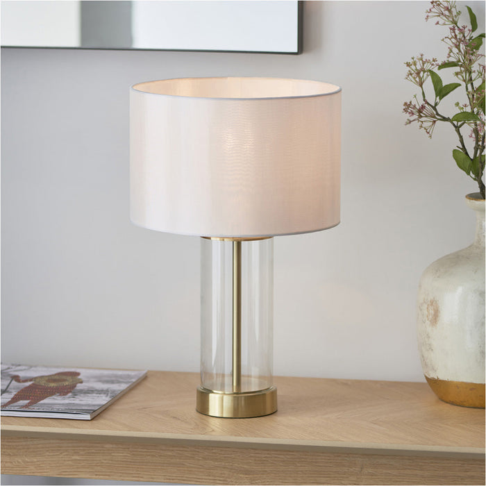 Satin Brass Plate & Clear Glass Table Lamp - Vintage White Fabric Shade - 440mm Dimmable Tall Light