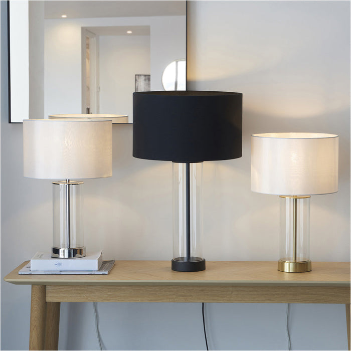 2 PACK Satin Brass Plate & Clear Glass Table Lamp - Vintage White Fabric Shade - 440mm Dimmable Tall Light