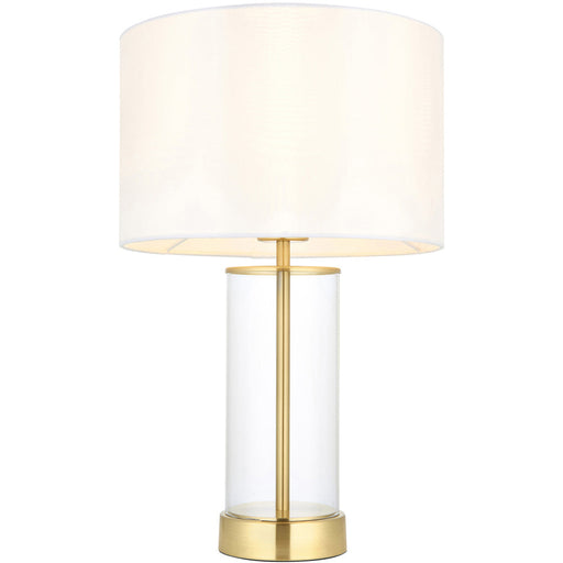 Satin Brass Plate & Clear Glass Table Lamp - Vintage White Fabric Shade - 440mm Dimmable Tall Light