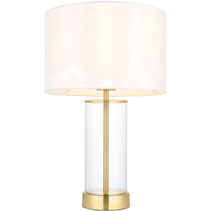 Satin Brass Plate & Clear Glass Table Lamp - Vintage White Fabric Shade - 440mm Dimmable Tall Light