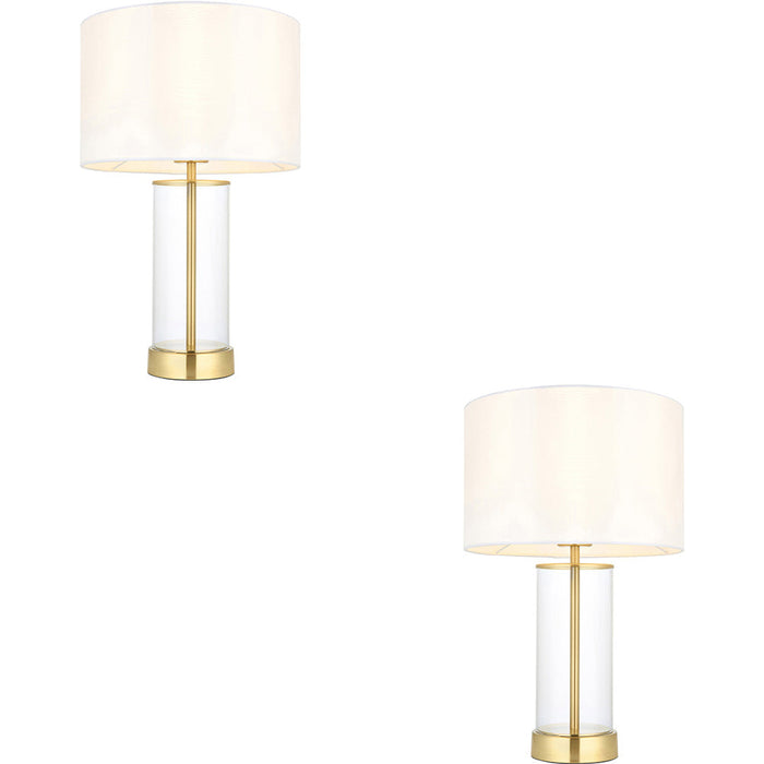 2 PACK Satin Brass Plate & Clear Glass Table Lamp - Vintage White Fabric Shade - 440mm Dimmable Tall Light