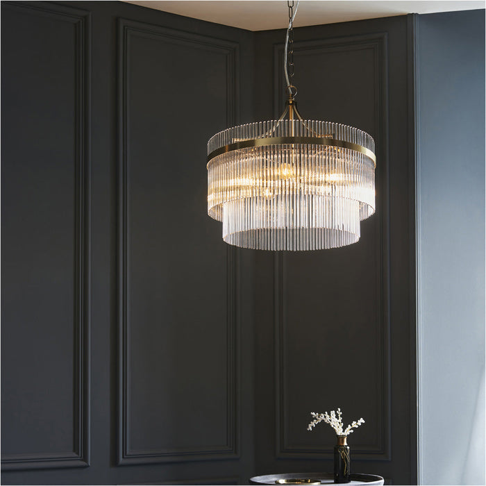 Multi Arm Hanging Ceiling Pendant Light - Antique Brass Plate & Clear Glass - 5 X 7W LED E14