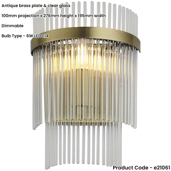 Indoor Antique Brass Plate Wall Light - Clear Glass Rod Decorative Shade - Dimmable