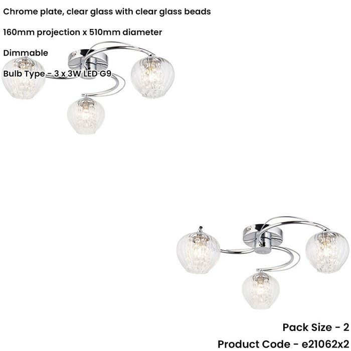 2 PACK Chromesemi Flush Low Ceiling Light - Clear Glass With Clear Glass Beads - Multi Arm Glass - 3 X 3W LED G9