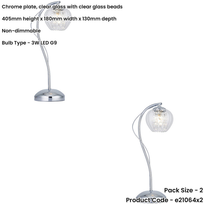 2 PACK Chrome Plate & Clear Glass With Clear Glass Beads Table Lamp - 405mm Tall Light - 3W LED G9