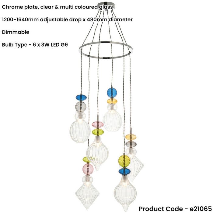 Hanging Ceiling Pendant Light - Chrome Plate Clear & Multi Coloured Glass - 6 X 3W LED G9