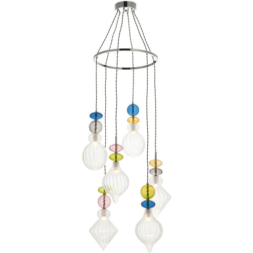 Hanging Ceiling Pendant Light - Chrome Plate Clear & Multi Coloured Glass - 6 X 3W LED G9