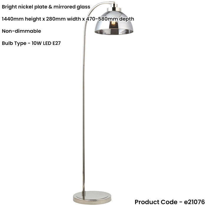 1440mm Floor Lamp - Bright Nickel & Mirrored Glass Contemporary Sleek - Standing LED Light Base & Shade