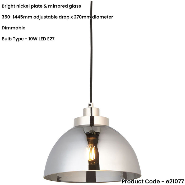 Ceiling Pendant Lamp & 2x Matching Wall Lights - Bright Nickel Mirrored Glass Dome Shade