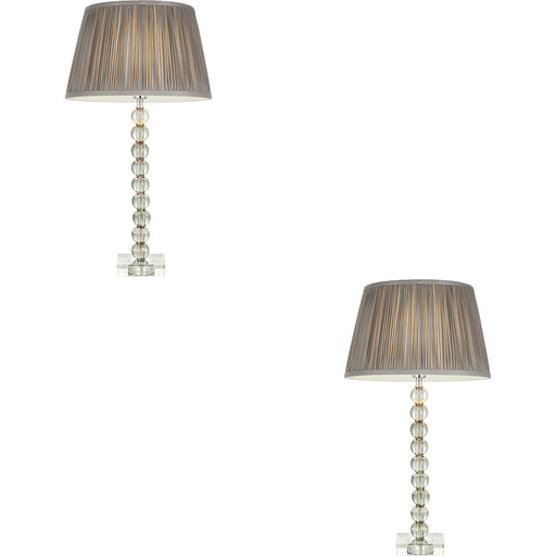 2 PACK Grey Green Tinted Crystal Glass Table Lamp - Charcoal Grey Silk Shade - 575mm Tall Light - 7W LED E14