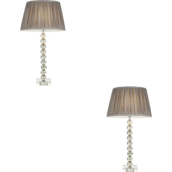 2 PACK Grey Green Tinted Crystal Glass Table Lamp - Charcoal Grey Silk Shade - 575mm Tall Light - 7W LED E14