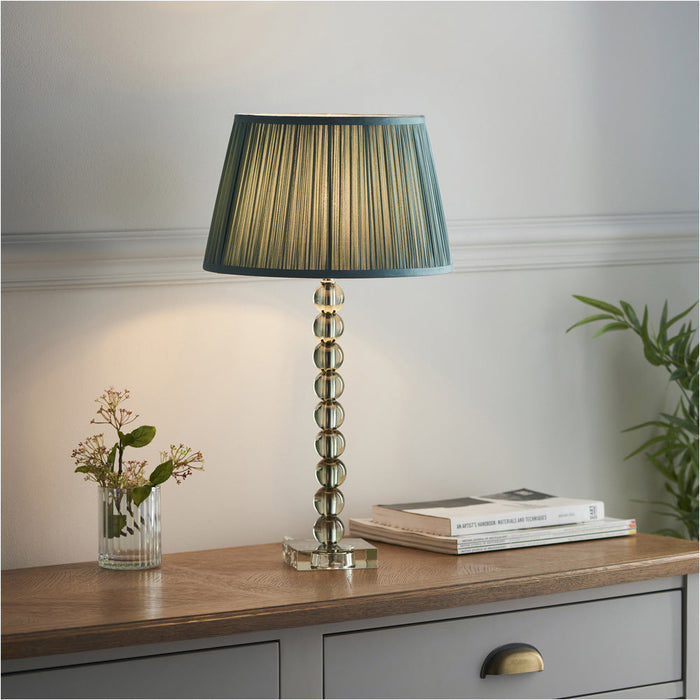 Grey Green Tinted Crystal Glass Table Lamp - Fir Silk Shade - 575mm Tall Light - 7W LED E14