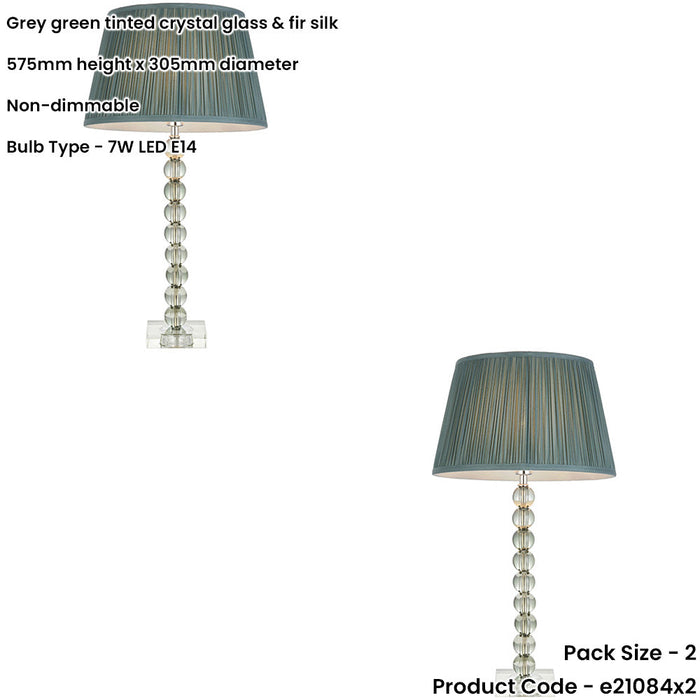 2 PACK Grey Green Tinted Crystal Glass Table Lamp - Fir Silk Shade - 575mm Tall Light - 7W LED E14