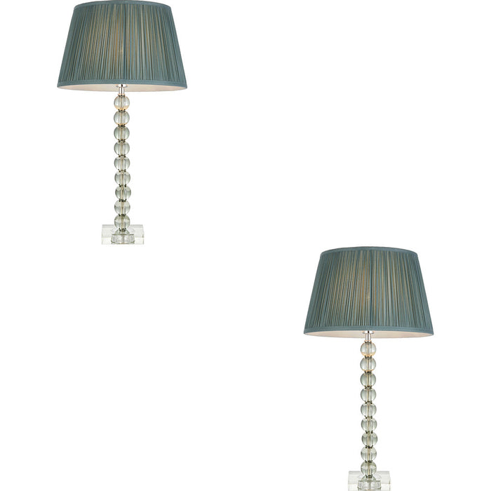 2 PACK Grey Green Tinted Crystal Glass Table Lamp - Fir Silk Shade - 575mm Tall Light - 7W LED E14