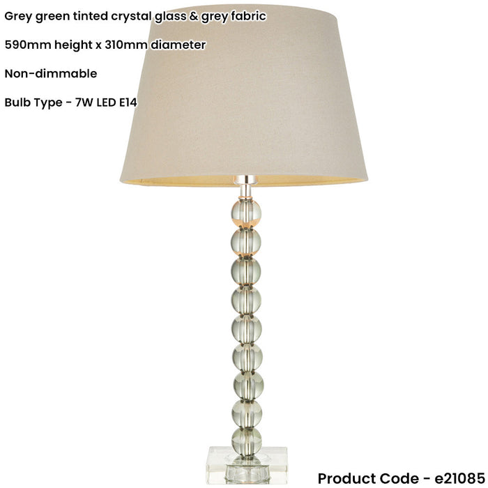 Grey Green Tinted Crystal Glass Table Lamp - Grey Fabric Shade - 590mm Tall Light - 7W LED E14