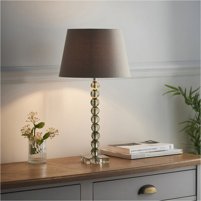 Grey Green Tinted Crystal Glass Table Lamp - Grey Fabric Shade - 590mm Tall Light - 7W LED E14