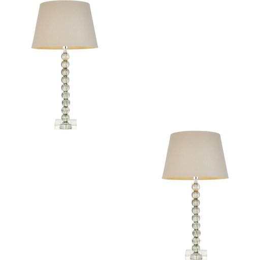 2 PACK Grey Green Tinted Crystal Glass Table Lamp - Grey Fabric Shade - 590mm Tall Light - 7W LED E14