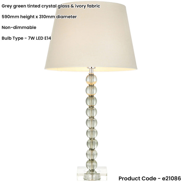 Grey Green Tinted Crystal Glass Table Lamp - Ivory Fabric Shade - 590mm Tall Light - 7W LED E14