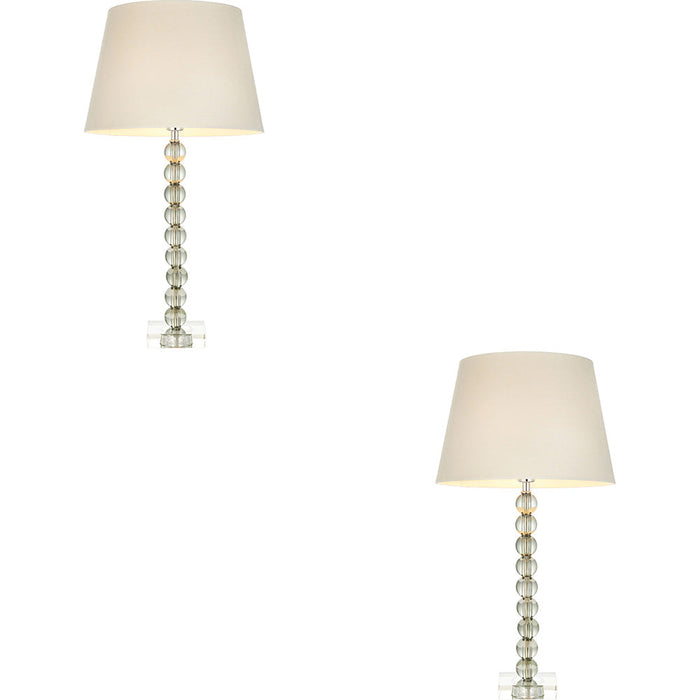 2 PACK Grey Green Tinted Crystal Glass Table Lamp - Ivory Fabric Shade - 590mm Tall Light - 7W LED E14