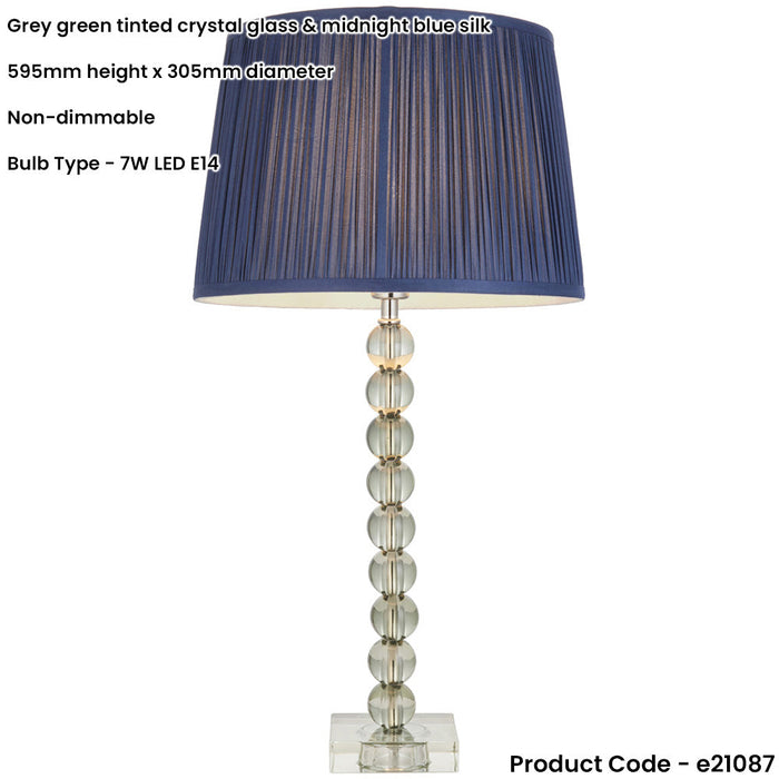 Grey Green Tinted Crystal Glass Table Lamp - Midnight Blue Silk Shade - 595mm Tall Light - 7W LED E14